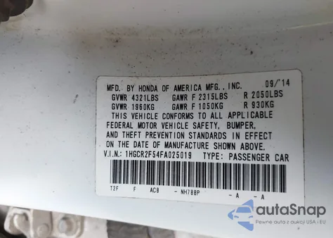 2015 Honda Accord Sport z USA, uszkodzony, nr VIN 1HGCR2F54FA025019